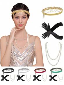 3 件套 1920 年代盖茨比风格轻佻女郎服装配饰套装 20 年代轻佻女郎头饰 复古珍珠项链手套派对头饰 女士