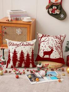 1pc/4pcs Christmas Snowflake, Holly, Reindeer Print Linen Throw Pillow Cover, 17.7*17.7inch/45X45cm, Decorative Pillow Case For Room, Bedroom, Sofa (No Pillow Insert)