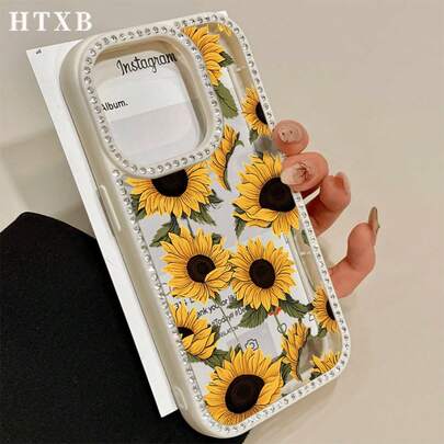 Custodia per telefono 3-in-1 con girasoli e strass, compatibile con 17 Pro/ 17 Air/ 17/ 17 Pro Max, 16 Pro Max, 16, 15 Pro, 14, 14 Plus/14 Pro Max, 13