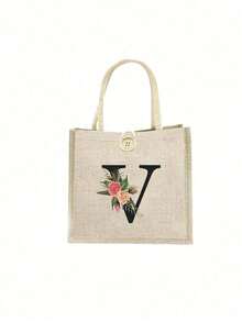 1 Stück Leinen Blumen Buchstaben Handtasche, einfache Handtasche mit großer Kapazität, tragbare lässige Aufbewahrungstasche, multifunktionale Einkaufstasche, personalisiertes Geschenktasche, geeignet für Hochzeiten, Geburtstage, Strände, Festivals, perfekte Geschenke für Frauen, Lehrer, Freunde, Brautjungfern, große Taschen, Studenten und Schulanfang, beste Lehrergeschenke für den Lehrertag, beste Geschenke zur Wertschätzung von Lehrern