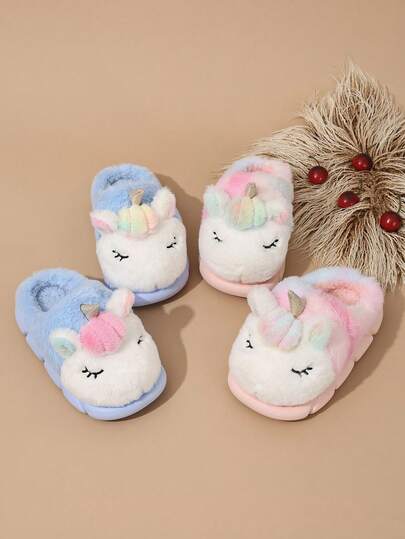 A Pair Of Colorful New Girls' Plush Slippers For Winter, Featuring Cute Unicorn Designs, Warm Princess Slippers For Children, Non-Slip Home Shoes For Boys.