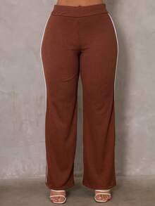 Women's Ribbed Pants With Side Detail, White Cotton And Elastane, Comfortable Casual, Women's Fashion - 鏽棕色 - 查看 2