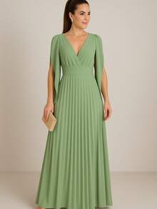 Long Pleated Dress V-Neckline Bridesmaid Dress For Wedding Graduation And Parties - Màu xanh Ô liu - Xem 1