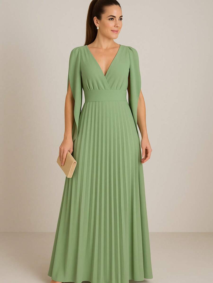 Long Pleated Dress V-Neckline Bridesmaid Dress For Wedding Graduation And Parties - Màu xanh Ô liu - Xem 1