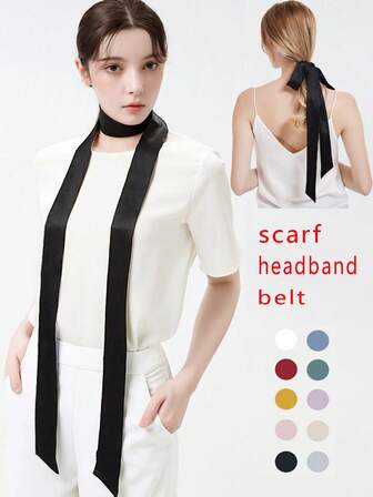 1条女士纯色窄长围巾，时尚百搭雪纺围巾，适合秋冬季节，营造氛围的百搭装饰颈巾，休闲通勤办公腰带节日发带蝴蝶结