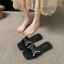 Damen neue quadratische Zehenslippers - modisch & vielseitig - bequeme Innensohle - Damen Slippers, geeignet für Gehen, Sommerurlaub, Lässig-Anlässe, Damen Flachslippers, einfaches Design, Riemen Flache Römische Strandsandalen