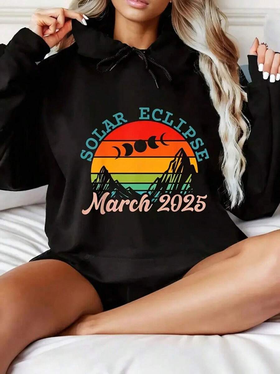 March 2025 Solar Eclipse Hoodie - Heavyweight 2025 Astronomy Event Sweatshirt With Solar Eclipse Path Graphic, Unisex Pullover Hooded Sweater For Men & Women, Vintage Astronomy Apparel For Stargazing Parties & Everyday Winter Wear - Retro Eclipse Design With Drawstring Hood & Long Sleeves, Machine Washable Casual Pullover For Autumn/Winter, March 2025 Eclipse Commemorative Apparel,Fall Hoodies,Men's Fall Clothes,Street Wear,Halloween,Mens Hoodies,Y2k Clothes,Jesus Hoodie,Thanksgiving Day,Nightmare Before Christmas,Christmas - 黑色 - 查看 1