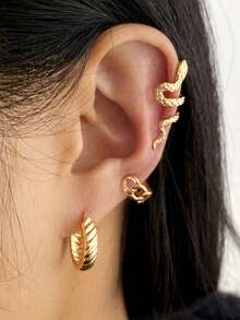 3-Piece Snake Chain Ear Cuff Set, No-Piercing Ear Climber Jewelry With Hollow Design,  C-Shaped Clip-On Earrings For Women, Bohemian Statement Ear Accessories
