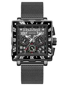 GUANQIN 1 buc ceas luminos impermeabil pentru bărbați, cu calendar cronograf, cadran pătrat multifuncțional, curea din oțel inoxidabil rezistentă la uzură, curea din plasă Milan, modă business, lux sportiv, clasic, simplu, casual, stil mecanic, ceas cu cuarț automat pentru bărbați, potrivit pentru Ziua Îndrăgostiților, festivaluri, întâlniri, afaceri, cadouri