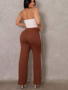 Women's Ribbed Pants With Side Detail, White Cotton And Elastane, Comfortable Casual, Women's Fashion - 鏽棕色 - 查看 3