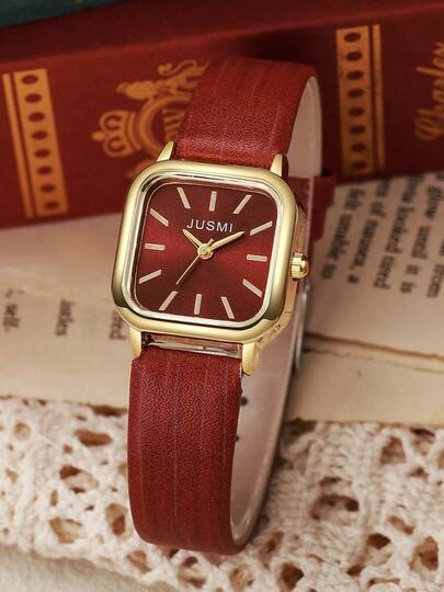 1 pieza Reloj de cuarzo con diseño minimalista de color macaron, esfera cuadrada pequeña, correa de cuero, versátil para uso diario casual, adecuado para adolescentes y estudiantes, excelente como regalo de Halloween, cumpleaños o Acción de Gracias