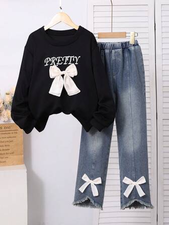 2 件套女童百搭字母印花蝴蝶结装饰牛仔裤套装，适合所有季节