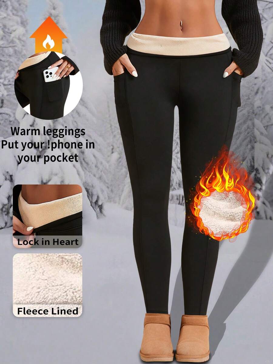 1 件秋冬保暖内衬瑜伽裤，高腰休闲瑜伽运动紧身裤，带侧袋 - 黑色 - 查看 1