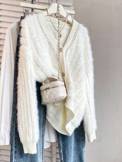 JIANHU Gestrickter Fake-Pelz-Cardigan mit goldenen Knöpfen - Gemütlicher & schicker Winter-Cardigan für Frauen, Weihnachts- & Feiertagsparty