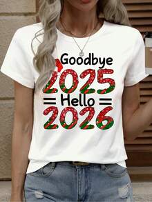 Camiseta blanca para mujer - Adiós 2025, hola 2026, atuendo para la fiesta de Nochevieja - Camiseta casual para el día a día - Camiseta de manga corta con cuello redondo - Regalo festivo para mujeres - Apta para todas las estaciones, ropa festiva, estampado audaz, cómoda y ajustada, camiseta con personalidad, para amantes de la moda, moda estacional, material duradero, moda femenina - Blanco - Ver 6