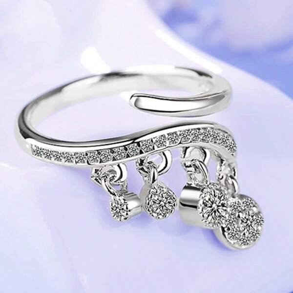 1pc Fashionable Unique Luxury 925 Sterling Silver Synthetic Zirconia Stone Tassel Shiny Ring, Suitable For Women To Wear On Vacation, Party, Wedding, Daily