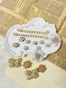 16-elementowe dekoracje do butów ogrodowych DIY, złote kryształki, motyle, perły, łańcuszki, odpowiednie do obuwia plażowego, buty z wydrążonymi krawędziami, na każdą porę roku, prezent świąteczny