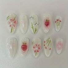 Handmade Bunny Nail Set, Three-Dimensional Flowers And Cute Strawberry Design, Ultra-Thin And Residue-Free, Sweet And Glossy For A Chic Look - Cute Strawberry - View 1
