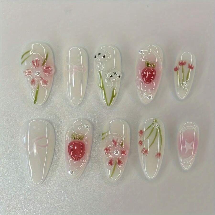 Handmade Bunny Nail Set, Three-Dimensional Flowers And Cute Strawberry Design, Ultra-Thin And Residue-Free, Sweet And Glossy For A Chic Look - Cute Strawberry - View 1