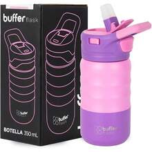 BUFFER FLASK Botella de Agua Infantil 350 ml – Termo Acero Inoxidable para Escuela – Sin BPA, Tapa con Pajilla Antifugas – Mantiene Bebidas Frías 24h / Calientes 12h – Para Niñas y Niños, Rosa - Rosa - Ver 13