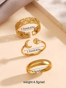 1/3pcs 18K Gold Plated Stainless Steel Moon & Sun Open Rings, Suitable For Women's Daily Wear