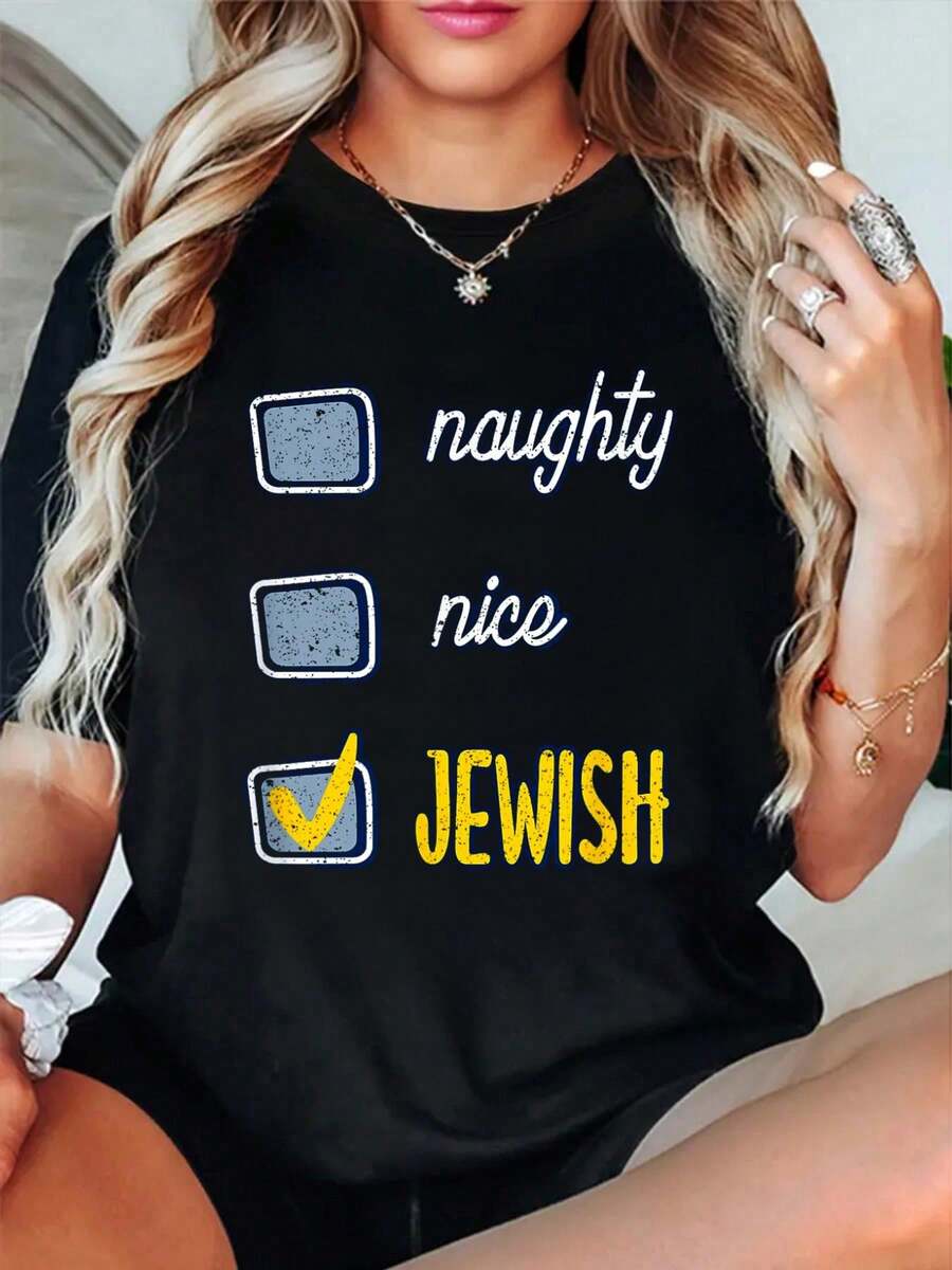 Nice Naughty Ugly Sweater Funny T-Shirt Women's Graphic Tees Printed Cotton T-Shirt Christmas Women Clothing Black Top - 黑色 - 查看 1