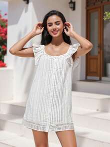 Women Mini Tank Dress Summer Sleeveless Ruffle Loose Dress Short Pleated Dress - 白色 - 查看 2
