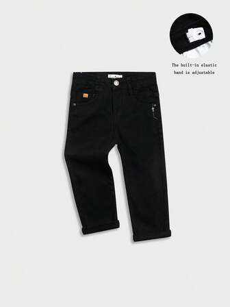 Casual Black Jeans, Relaxed Fit With Elastic Waist Adjustable Waistband, Children Washed Denim Pants
