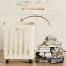 1/2pc Ultra Large Capacity Foldable Cream Colored Roller Laundry Basket - Storage Artifact, Space Saving - Suitable For Multiple Scenarios Such As Bathrooms, Laundry Rooms, And Balconies