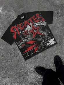Grunge Revival Essential - Contrast Red/White Graphics With Edgy GAGADO Detail |   100% Cotton - 黑色 - 查看 1