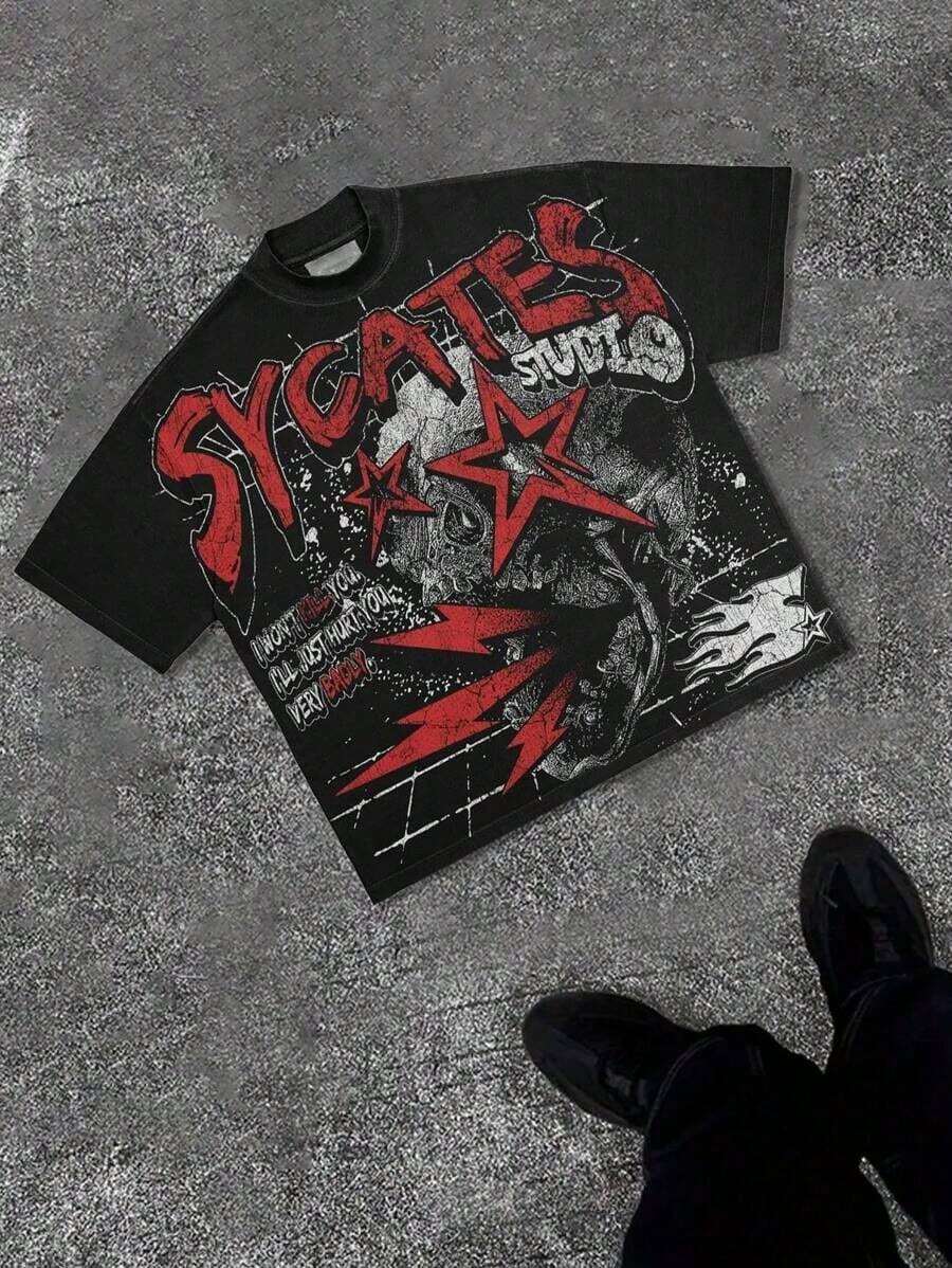 Grunge Revival Essential - Contrast Red/White Graphics With Edgy GAGADO Detail |   100% Cotton - 黑色 - 查看 1