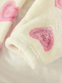 两件套女童毛绒睡衣套装，可爱毛茸茸心形图案圆领长袖上衣和长裤，休闲家居服，秋冬 - 粉色 - 查看 7