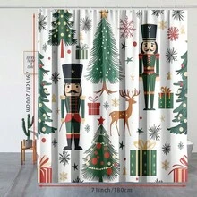 1 pieza Cortina de ducha de Cascanueces y Árbol de Navidad - Poliéster, blanco con diseño de pino y ciervo, incluye ganchos, perfecto para la decoración del baño - Multicolor - Ver 10