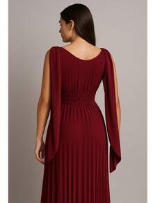 Long Pleated Dress V-Neckline Bridesmaid Dress For Wedding Graduation And Parties - Redwood - View 2
