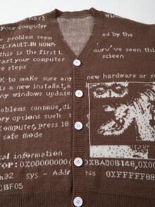 Unisex Retro Abstract Letter Pattern Knitted Cardigan, Casual European/American/Asian Style, Suitable For Spring, Autumn, Winter