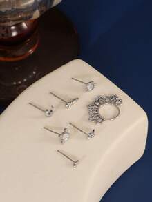 7pcs/Set Delicate Mini Cubic Zirconia Snail Stud Earrings, Tiny Star & Moon Design Earring Set, Suitable For Women, Vacation, Party, Daily Wear - Silver - View 3