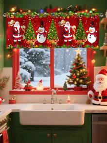 1 pieza Cenefa navideña con bolsillo para barra con diseño de Papá Noel, muñeco de nieve y árbol de Navidad, de poliéster, para decoración de ventanas en sala de estar, cocina y dormitorio, decoraciones festivas de invierno y Navidad para el hogar, 2025 Año Nuevo brillante 2026 Decoración de pared y hogar