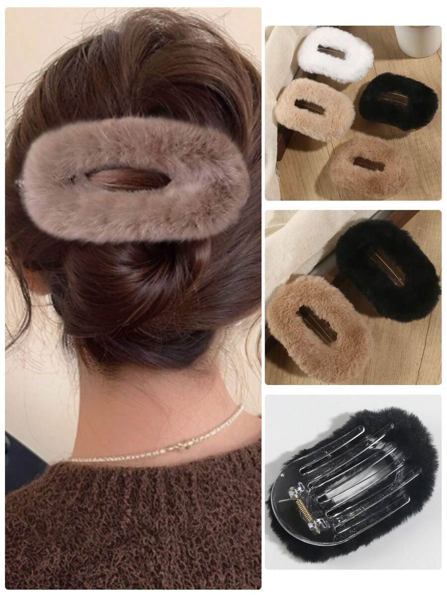 4pcs/2pcs Pinces à cheveux ovales minimalistes en peluche, pinces décontractées pour chignon, accessoires de cheveux polyvalents haut de gamme, automne/hiver, cadeau de vacances, barrette à cheveux, épingle à cheveux - Multicolore - Voir 1