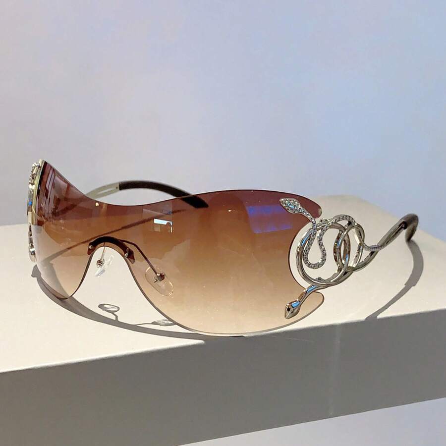 New Style Personality Fashion Frameless One-Piece Snake-Shaped Temple Tech Sense Quirky Sunglasses - Tea Powder Silver Accessories - View 1