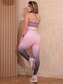 Women's Fitness Set Gradient Gym Fitness Top With Removable Cup And High Waist Leggings - 粉紅色的 - 查看 2