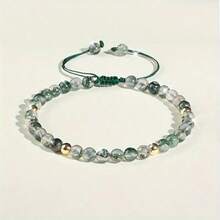 1PC Elegant Green Aquatic Agate Adjustable Bracelet For Men & Women Handmade Moss Agate Beaded Bracelet With Golden Accents Ideal For Daily Wear & Gifting Adjustable Bracelet - 綠色 - 查看 1