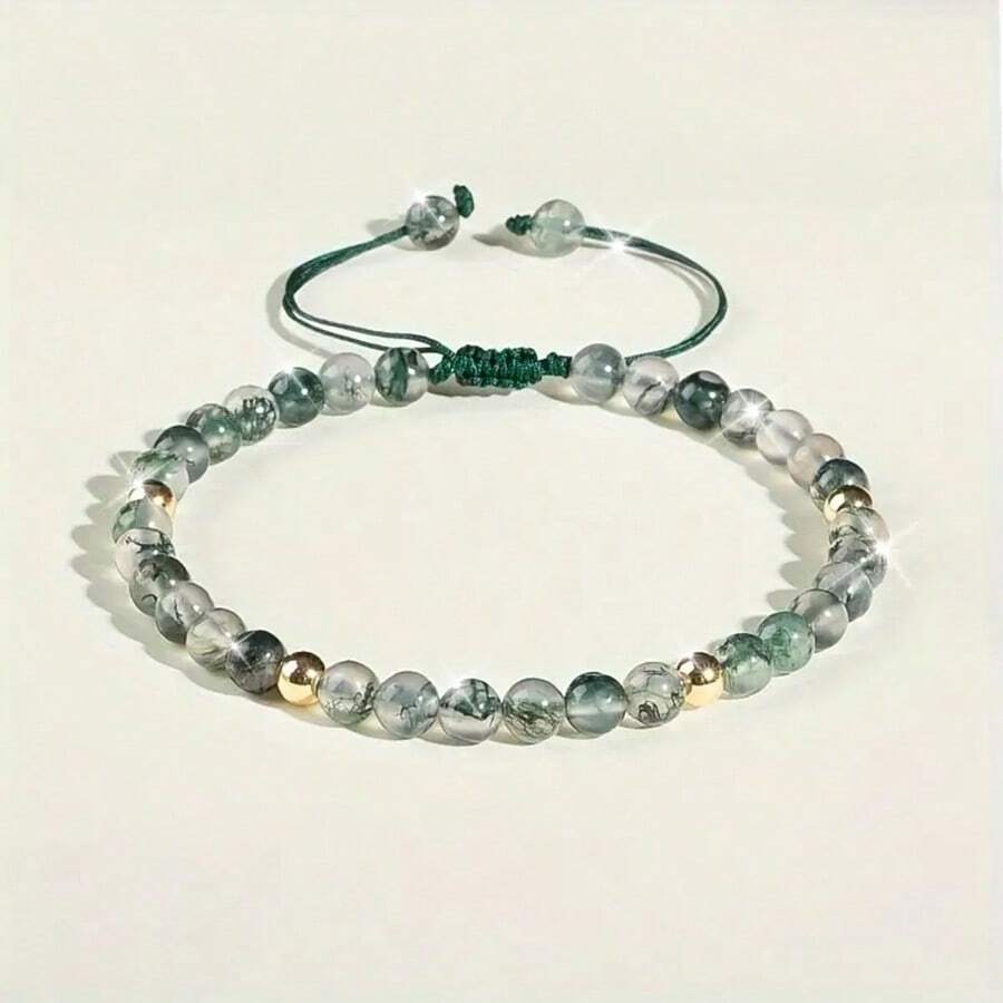 1PC Elegant Green Aquatic Agate Adjustable Bracelet For Men & Women Handmade Moss Agate Beaded Bracelet With Golden Accents Ideal For Daily Wear & Gifting Adjustable Bracelet - 綠色 - 查看 1