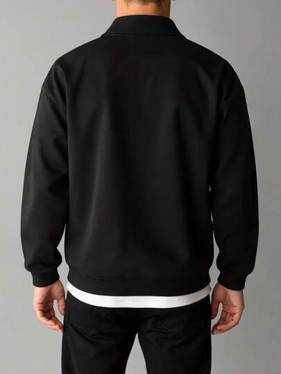 New Men's Solid Color Minimalist Half-Zip Sweatshirt, Fashion Autumn/Winter Casual Loose Crew Neck Sweatshirt