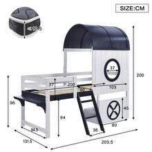 Litera, cama semialta, cama infantil con techo y ventana, cajón inferior con ruedas, práctica escalera de dos niveles, pino + MDF + aglomerado, blanco + azul oscuro, 90x200cm