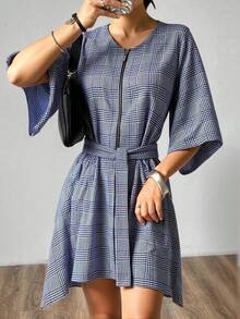 TAD Capa elegante para mujer kaftan moderno textura a cuadros cinturón ajustable cremallera manga tres cuartos bolsillos otoño oficina casual - Azul - Ver 1
