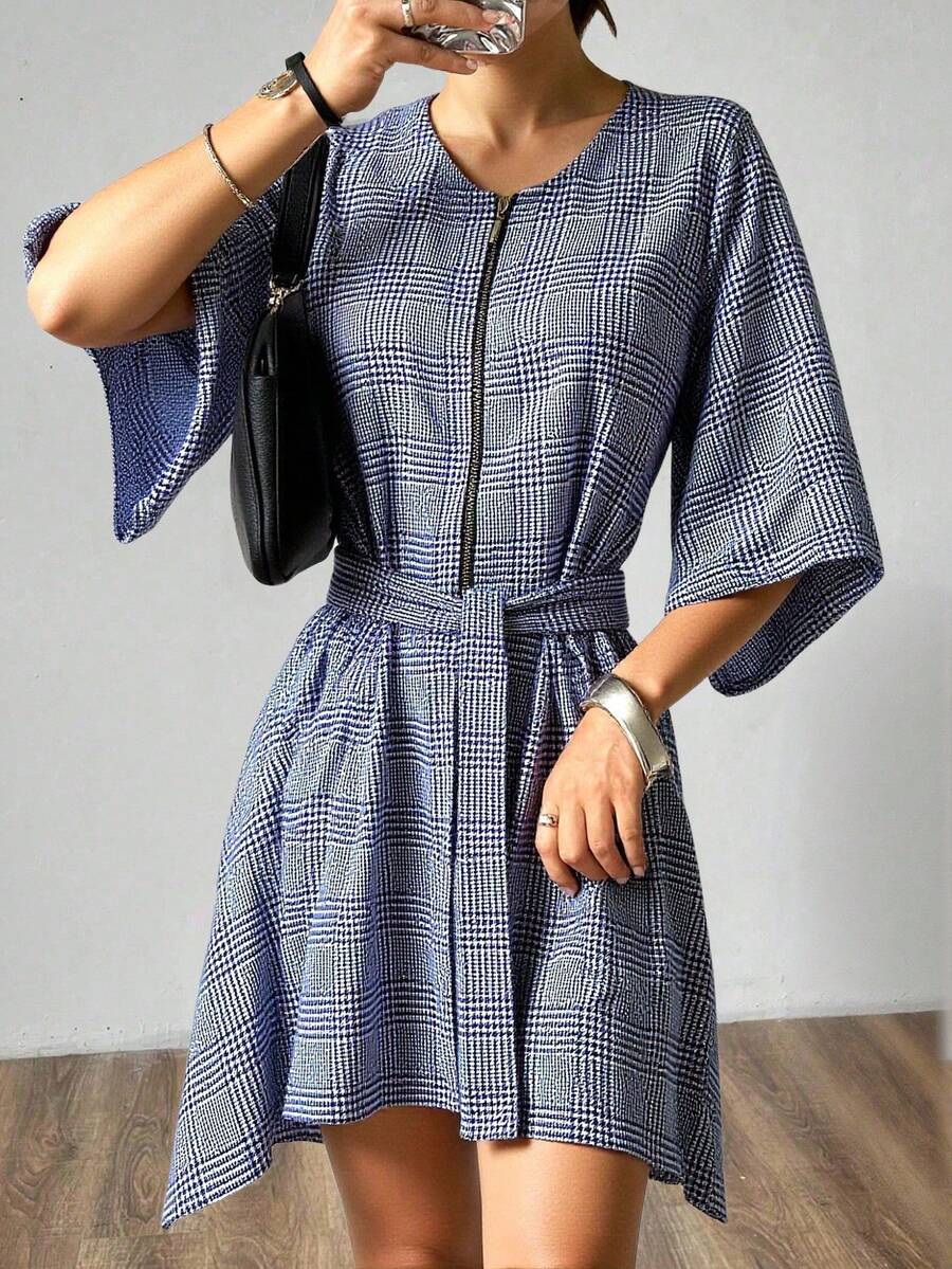 TAD Capa elegante para mujer kaftan moderno textura a cuadros cinturón ajustable cremallera manga tres cuartos bolsillos otoño oficina casual - Azul - Ver 1