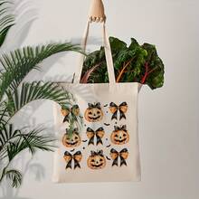 1pc Halloween Pumpkin Coquette Bow Pattern Tote Bag - Beige Reusable Shoulder Bag Women, Folding Design With Black & White Pumpkin & Bow Motifs, Durable Polyester, Travel, Daily Commute, Beach Outings & Gifts, Halloween Accessories, Travel Carryall, Playful Design, Sturdy Handle Construction