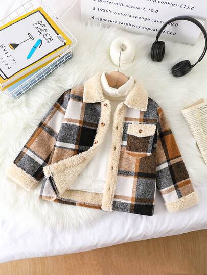 Young Boys' Casual Plaid Thermal Lined Turndown Collar Zip-Up Long Sleeve Jacket, Autumn/Winter