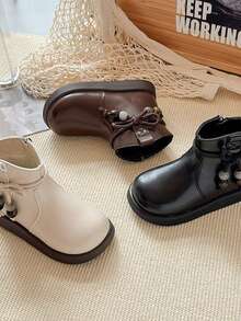New Kids Bowknot Pendant Boots, Classic Solid Color Fashionable Western Style Girls Short Boots, School Uniform Versatile Boots, Comfortable Lining, Thick Sole, Durable, Suitable For All Seasons