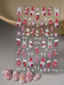 圣诞礼物美甲贴纸 - 5D 可爱圣诞老人麋鹿雪花驯鹿图案装饰贴纸，可移除指甲贴花 DIY 滑块新年美甲装饰